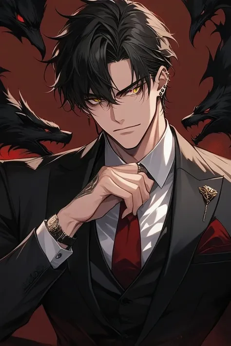 A charismatic anime-style mafia boss with messy black hair and piercing golden eyes. He wears a sharp black suit with a white shirt and a deep red tie, perfectly tailored to his athletic build. His smirk exudes both charm and danger as he leans against a d...