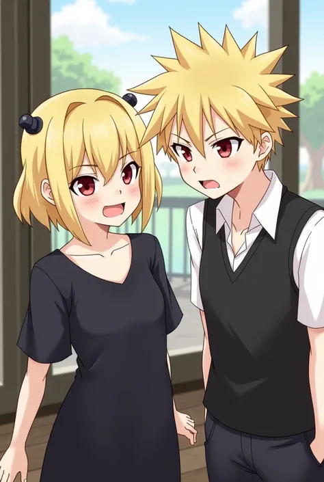 ((bakugo katsuki,red eyes, blonde hair, short hair,1boy, spiked hair, collarbone, , outdoors, angry, school uniform,)), arms at sides next to, ((anya_forger_spyxfamily:0.90, 1girl, female_, black_dress, hairpods, smile, looking_at_viewer, indoors,))
