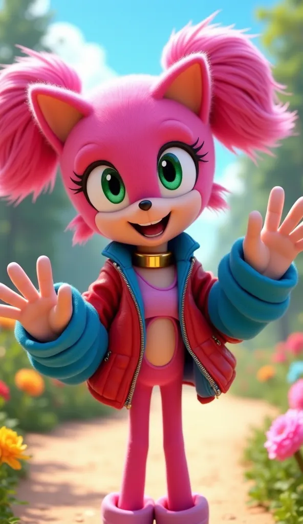 Alerquina, fully transformed into Sonic with vibrant pink hair, a pink skin tone, and bright green eyes, is smiling brightly and looking directly at the camera. She is wearing a red and blue jacket with a matching outfit, a gold choker around her neck, and...