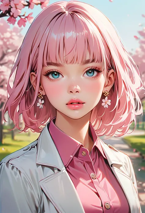 1girl, solo, earrings, jewelry, blue_eyes, shirt, short_hair, looking_at_viewer, jacket, collared_shirt, pink_hair, blurry, blurry_background, cherry_blossoms, buttons, pink_shirt, white_jacket, upper_body, blunt_bangs, lips