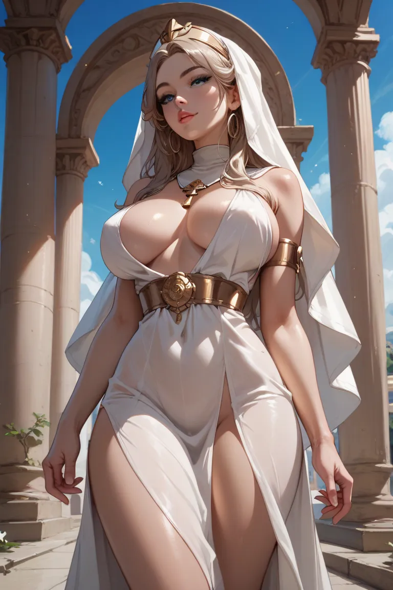 sexy slim young greek priestess with light brown hair and big breasts in white priestess robe standing before white greek temple with blue sky in background.