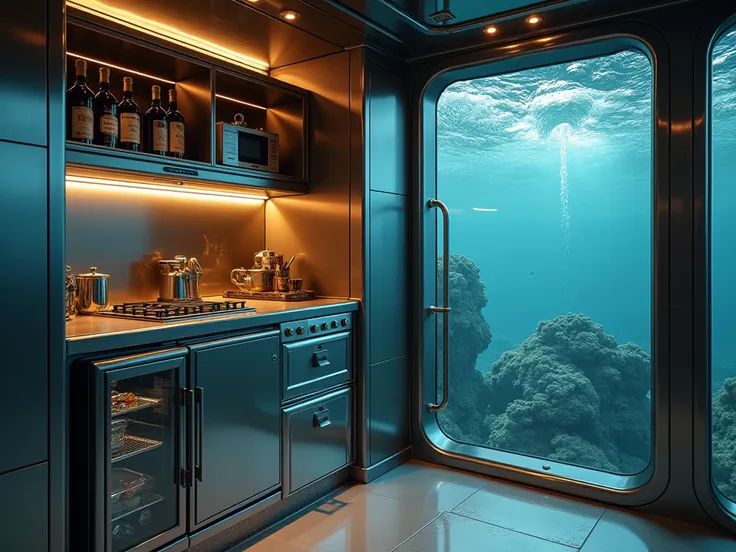 A compact but luxurious kitchenette inside an underwater escape pod, stocked with gourmet freeze-dried meals, fine wines, and a compact water filtration system.