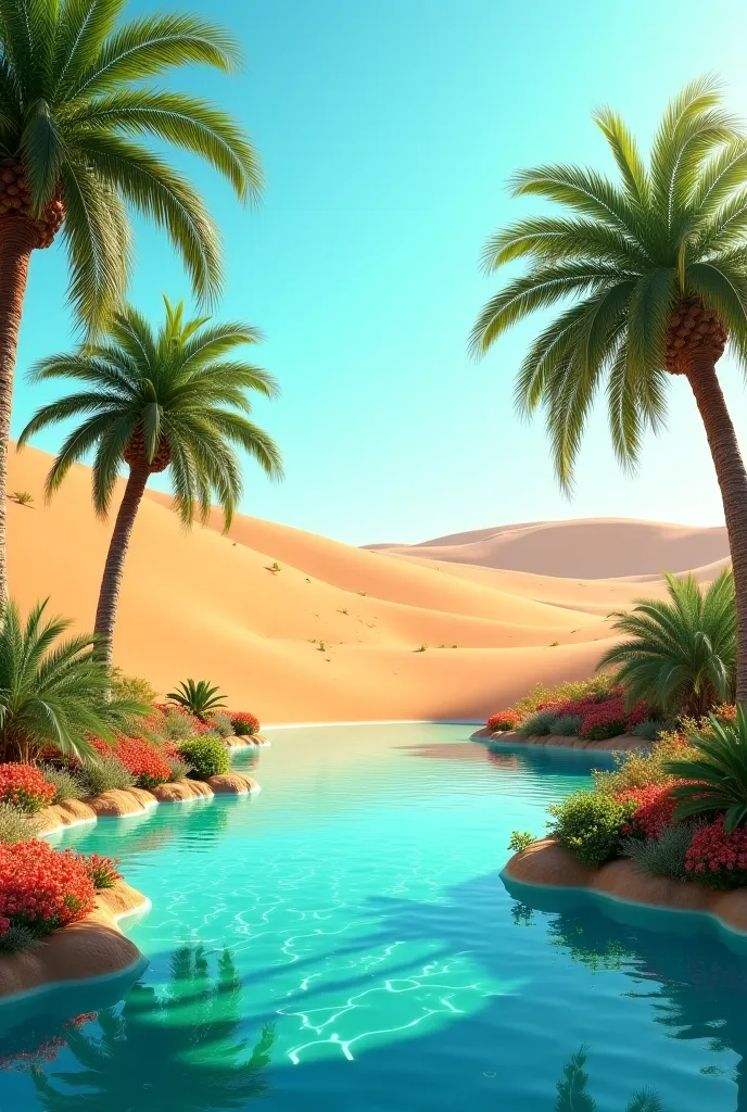 A hidden oasis with clear blue water and palm trees in the middle of the desert.
