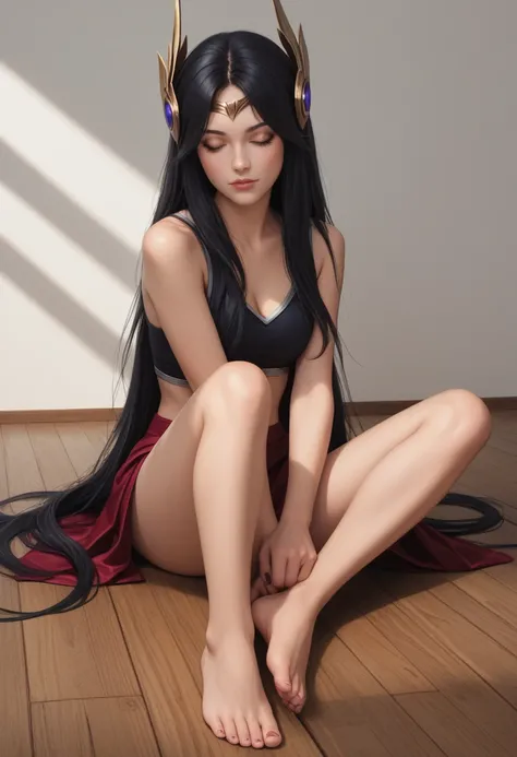 Irelia (league of legends),  young girl, long black hair, eyes closed, fair skin, sitting on the floor, white background,  Wearing casual wear, barefoot, Realistic lighting, real shadows, reflexes. polished wood floor