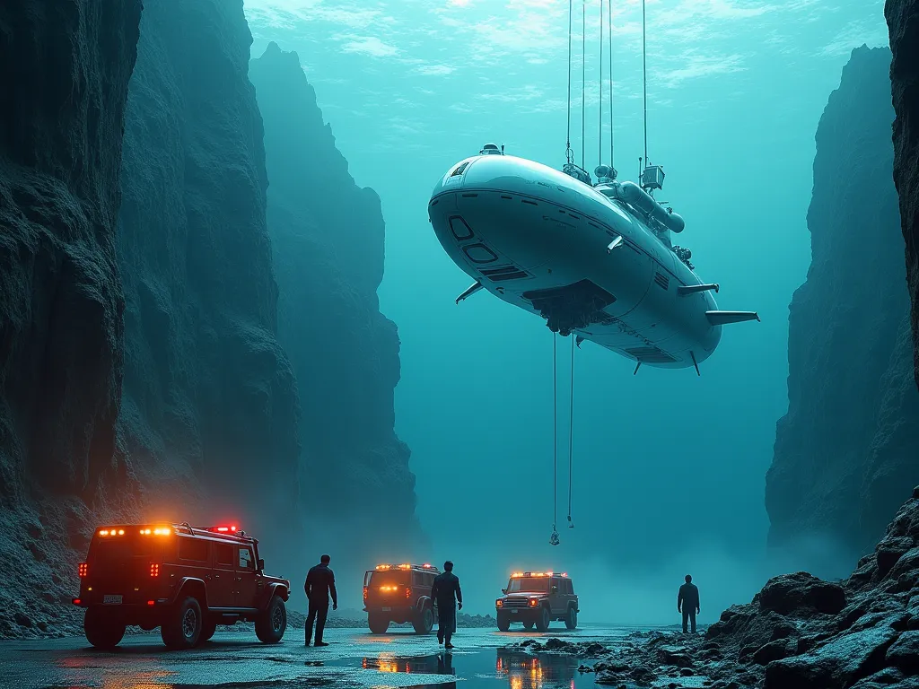 A luxury underwater escape pod being lowered into the ocean from a secret cliffside launch platform, with security guards and emergency vehicles standing by.

