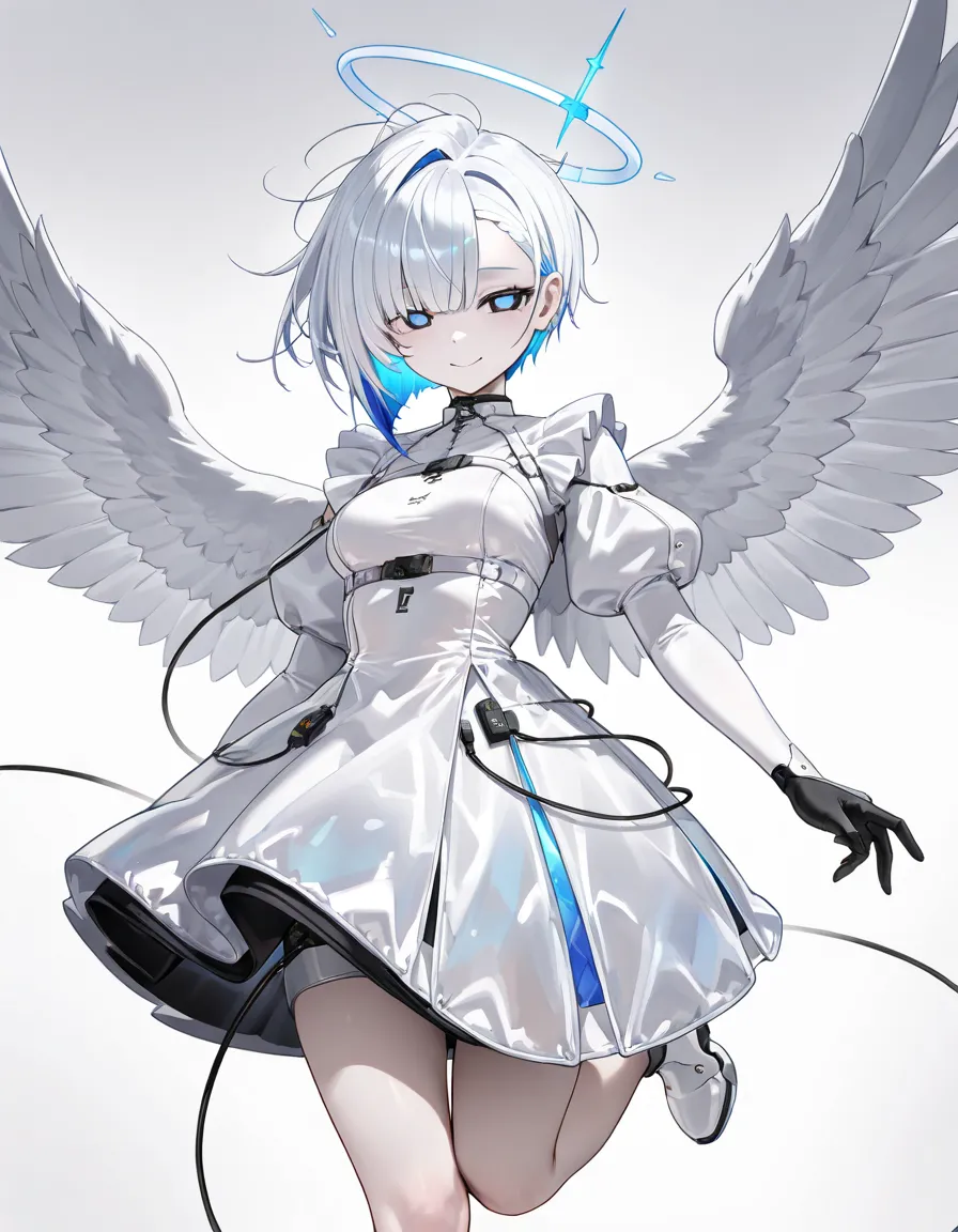 (Best quality, 4k, 8k, high resolution, masterpiece:1.2), ultra detailed, intricate details, soft light, 1 girl, white hair, angel wings, (cyber aesthetic), cyber halo, (white puffy dress), (USB cables incorpated in outfit design), pale skin, cute woman, p...