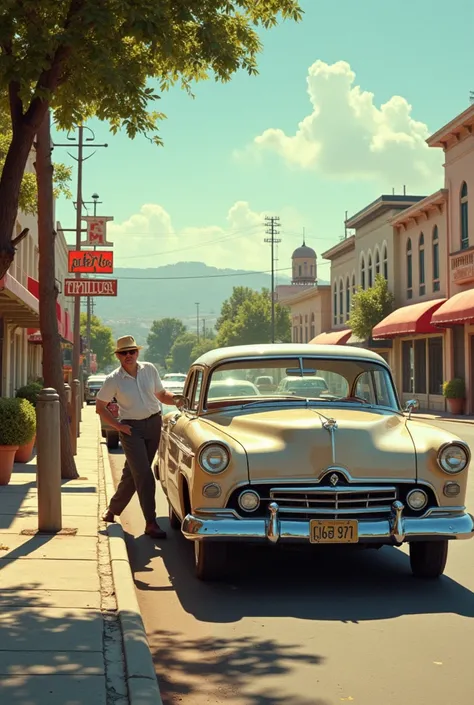 A realistic image of a person parking a vintage car from the 1950s. The car should have classic 1950s design features, such as chrome details, curved body, and tail fins. The person should be dressed in period-appropriate attire, like a suit or a dress, re...