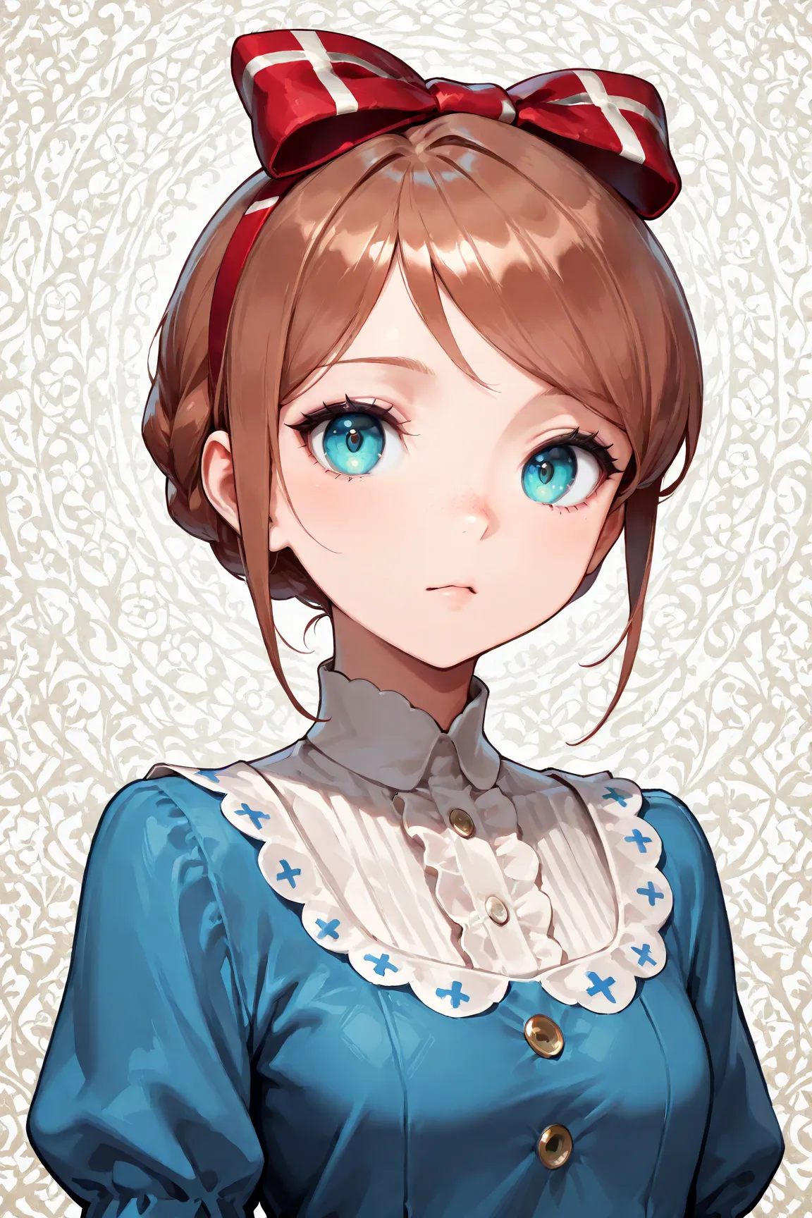  1 girl, masterpiece,  best quality, 8k, detailed skin texture, detailed fabric texture, nice detailed face,  complex details , ultra detailed, Alice im Wunderland, (a bow on her head :1.1),  upper body