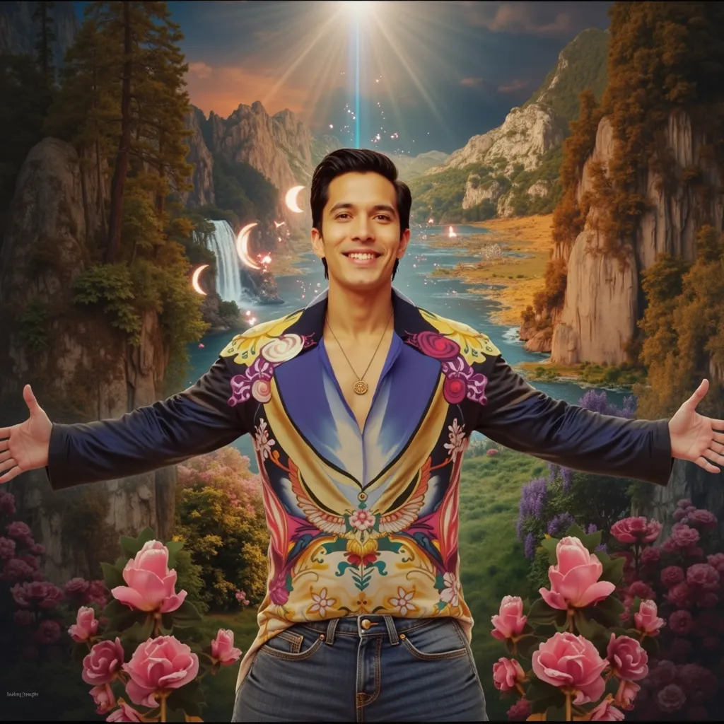 The image is a portrait of a skinny man standing in front of a beautiful landscape. He is wearing a versace colorful shirt with a floral pattern and blue jeans. He has short dark hair and is smiling at the camera. His arms are stretched out to the sides an...