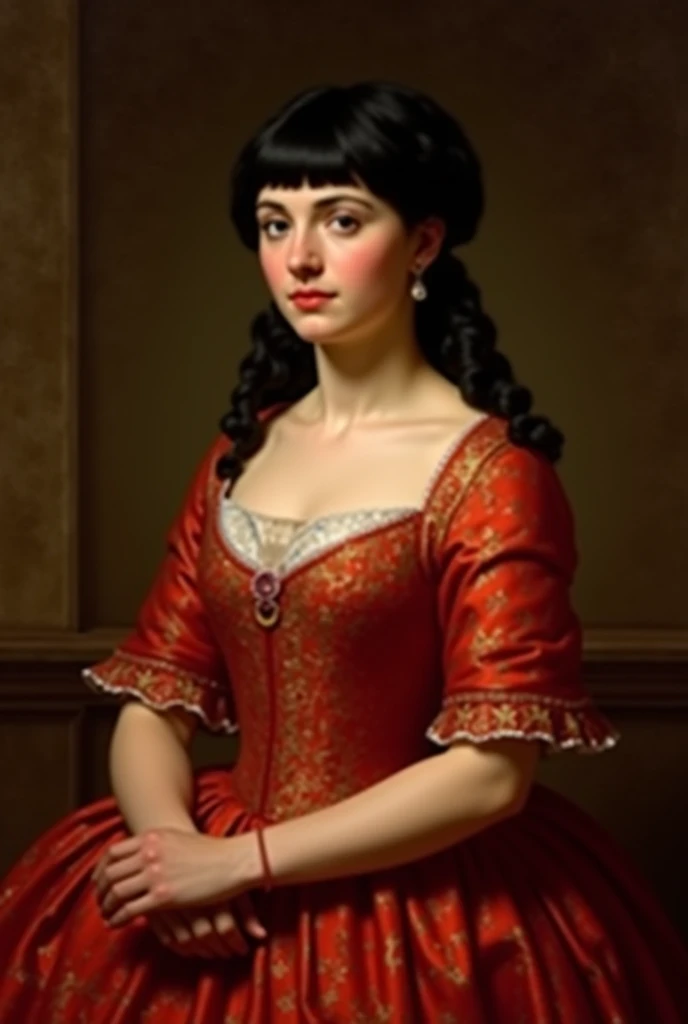 a noble woman from the 1800s with medium black hair with bangs and a neoclassical red dress