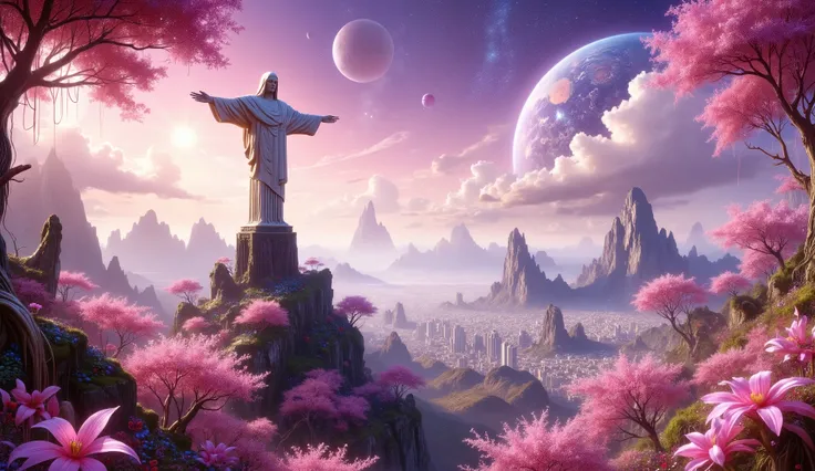 masterpiece, The Christ the Redeemer of Rio de Janeiro (Brazil) beautiful, a large cherry blossom forest, lots of clouds everywhere, a planet in the sky and stars, The Christ the Redeemer of Rio de Janeiro muy Detailed, beautiful bosque de flor de cere...