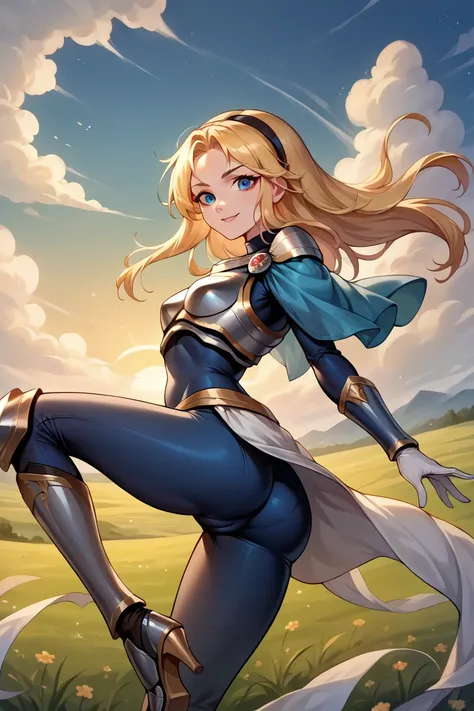 score_9, score_8_up, score_7_up, score_6_up, source_anime, 1girl, solo,  deflux, blonde hair, blue eyes, long hair, black hairband, armor, blue bodysuit, long sleeves, blue sleeves, bracers, white gloves, armored boots, looking at you, blue sky, clouds, up...