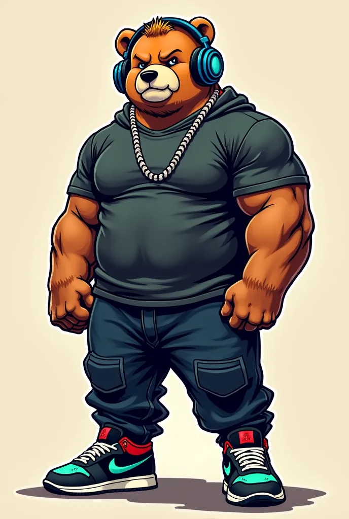 to draw a drawing of a bear, animal,  lean strong, clothes in dark tones ,  t-shirt, I want him rapper style, in front of the spectator, streetwear style clothing, he wears a gamer-style headset, this one in blue and black and green sneakers from Nike, is ...