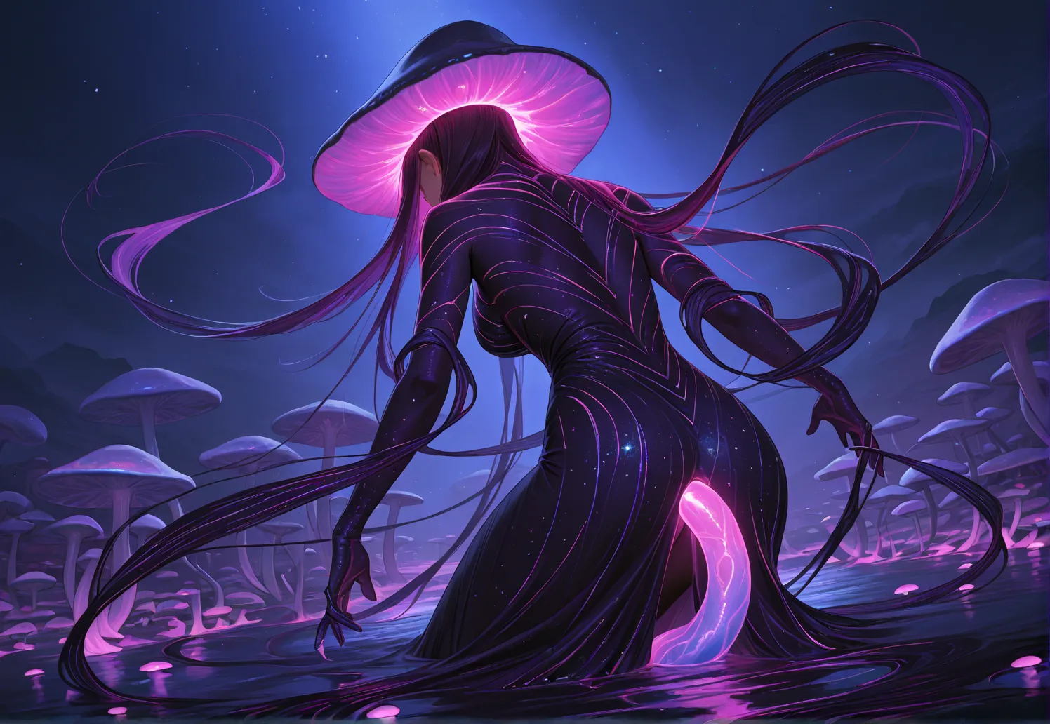 The same woman bent forward, her curvaceous backside spread wide during anal penetration by a glowing tendril, wearing a flowing silk dress with neon accents. She’s in a misty purple lake surrounded by fluorescent mushrooms. Cinematic lighting, hyperrealis...