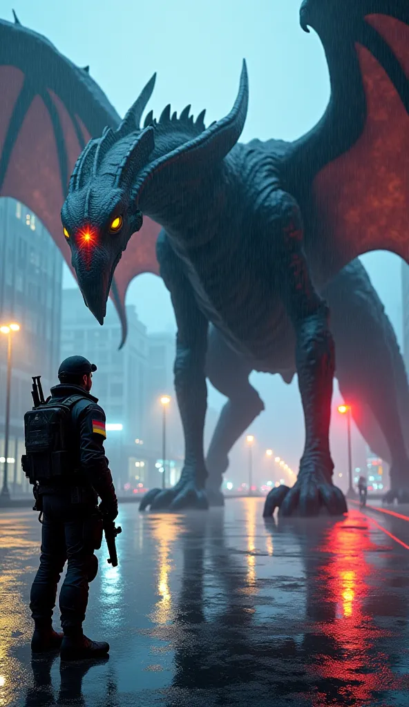 A German KSK soldier in futuristic black ops tactical gear stands in the foreground, looking up at a colossal battle-scarred wyvern. The wyvern is positioned behind and slightly to the side of the soldier, its massive body towering over him. Its dark metal...