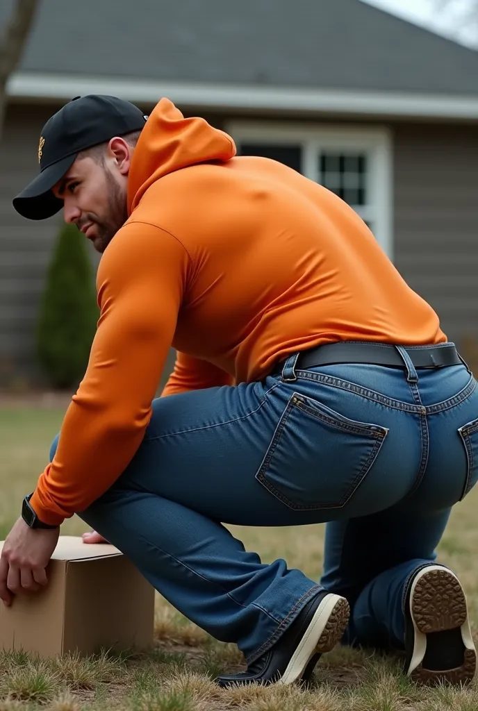 realistic photograph, 35-year-old muscular (((athletic man))) , crawl position , backside,  very defined face similar to the character reference, view From below, nalgon in profile, orange hoodie and tight blue levis jeans, in profile, Big butt, viendo a c...