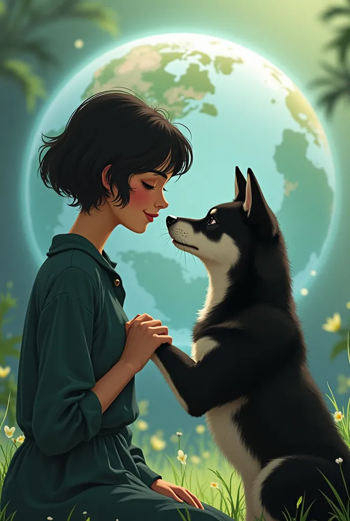 Crée une image ou sur la  sphere planete  terre il y a  une femme francaise cheveux court assis  et un shiba inu tout noir se regardant amoureusement et le  shiba donne la patte a la femme