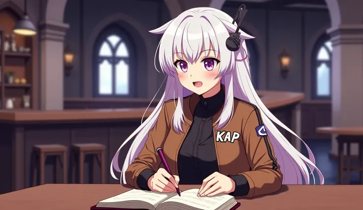 A retro-futuristic anime style character from the 70s/80. Her long white hair with purple highlights and her eyes are soft lilacs,  she wears a brown jacket with 'KAP' and stylized stripes on the sleeve, together with a long black dress. It's in a futurist...