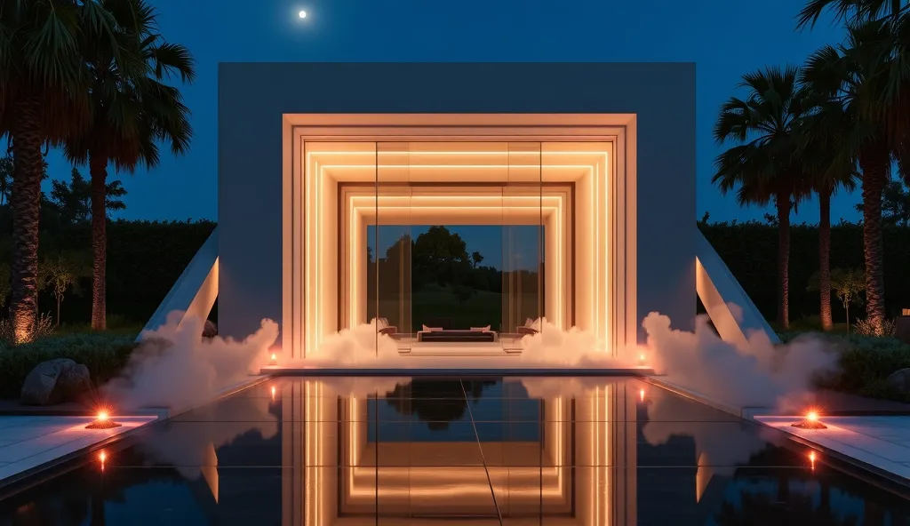 A hyperrealistic, ultra-modern mansion entrance at night. The scene features a luxurious, futuristic design with sleek black marble flooring reflecting ambient neon lighting. The mansion has massive glass doors framed by minimalist white walls, with embedd...