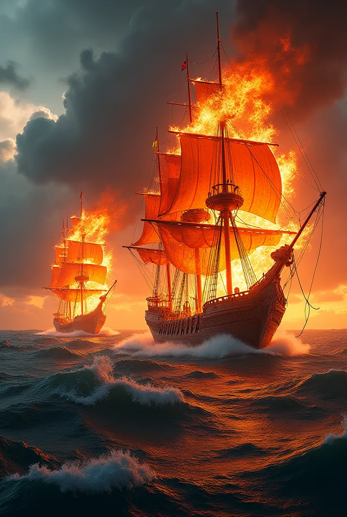 Design images of Byzantine ships on fire at sea 