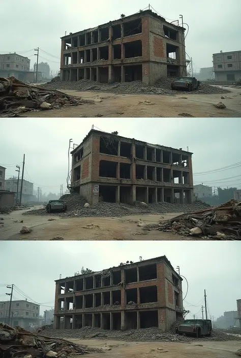 give me a photo for the front angle of a destroyed building, another photo for its side angle and another photo for its back angle 