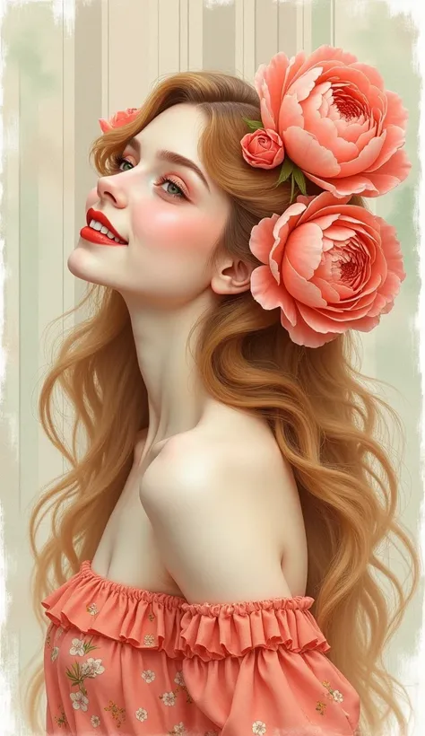 incredibly detailed digital art in the Art Deco style, thin lancing layers of watercolor, a gorgeous young woman, milky white skin, peach blush, red lips, smile, very long golden-copper hair in beautiful waves down her back, side angle, head tilted back, c...