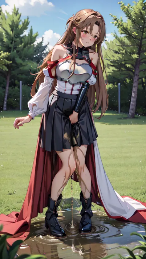 masterpiece, Best quality, a high resolution, absurdity, Ultra detailed, cute eyes, cute_hands,
aaaasuna, long hair, Brown hair, hair, Brown eyes, bare shoulders, armor, breastplate, black latex sleeves, cut off sleeves, red latex knee length skirt, pleate...