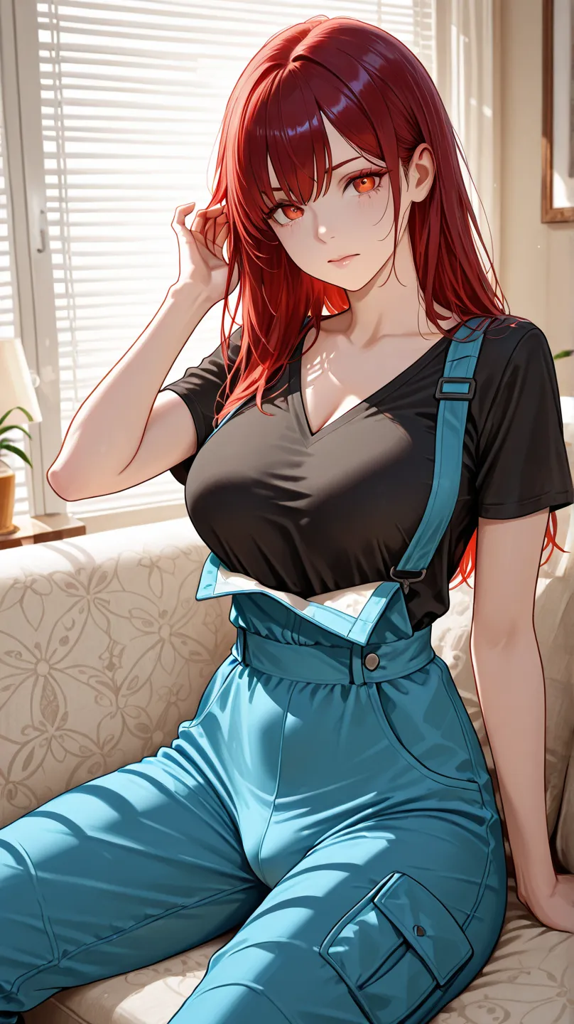  hentai style :Clothes: The person wears a lavender-colored jumpsuit with a black front closure. The design of the jumpsuit is tight, between the legs you can see a bulge and modern, with short sleeves and a V-neck.
hair: His hair is long and is dyed a vib...