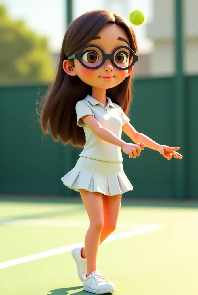   Tennis An  girl -wearing,  with long dark brown hair , has brown eyes, glasses wears a white shirt and a skirt - white Disney Pixar shoes