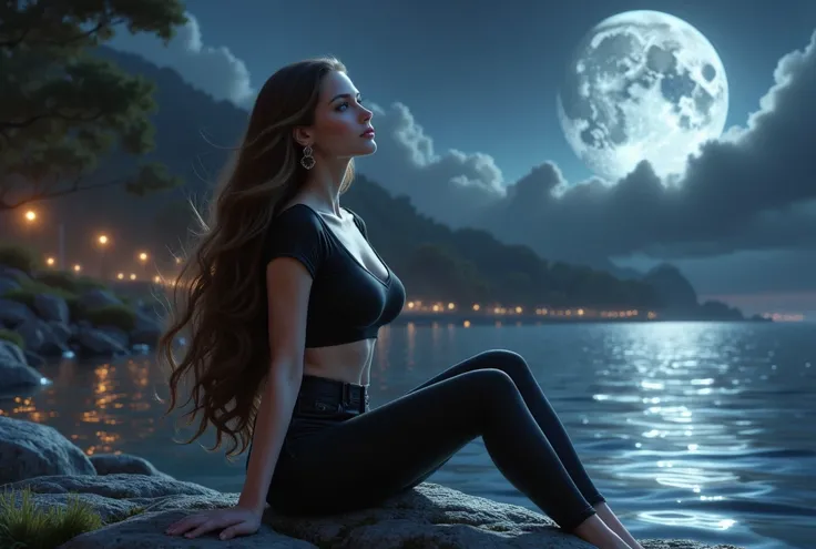 A serene night, dark moonlit scene featuring a beautiful woman with long brunette hair, blue eyes, and an attractive, well-proportioned figure. She sits gracefully on a stone at the edge of a tranquil lake. The ambient moonlight delicately illuminates her ...