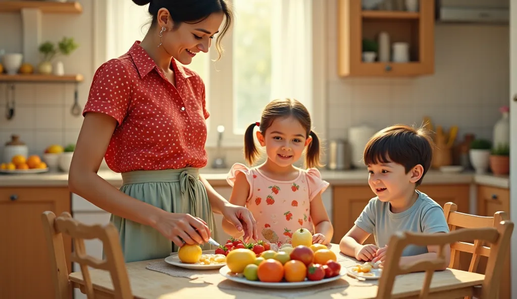 A scene of a kitchen lit by the morning sun, with a 40-year-old mullato woman , slim and tall, with dark hair tied back, and a bright smile. She is wearing a red blouse with white polka dots, a high collar, short sleeves, a regular fit (not tight) and ribb...