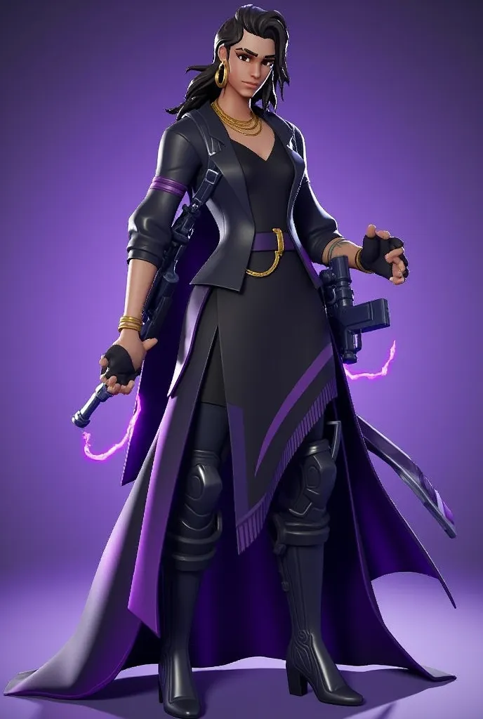 Create a powerful and beautiful Fortnite character inspired by the concept of a dark queen who rules the shadows. Her appearance is dominated by black and purple colors. She wears a flowing black cloak with ethereal purple accents that shimmer as if alive,...