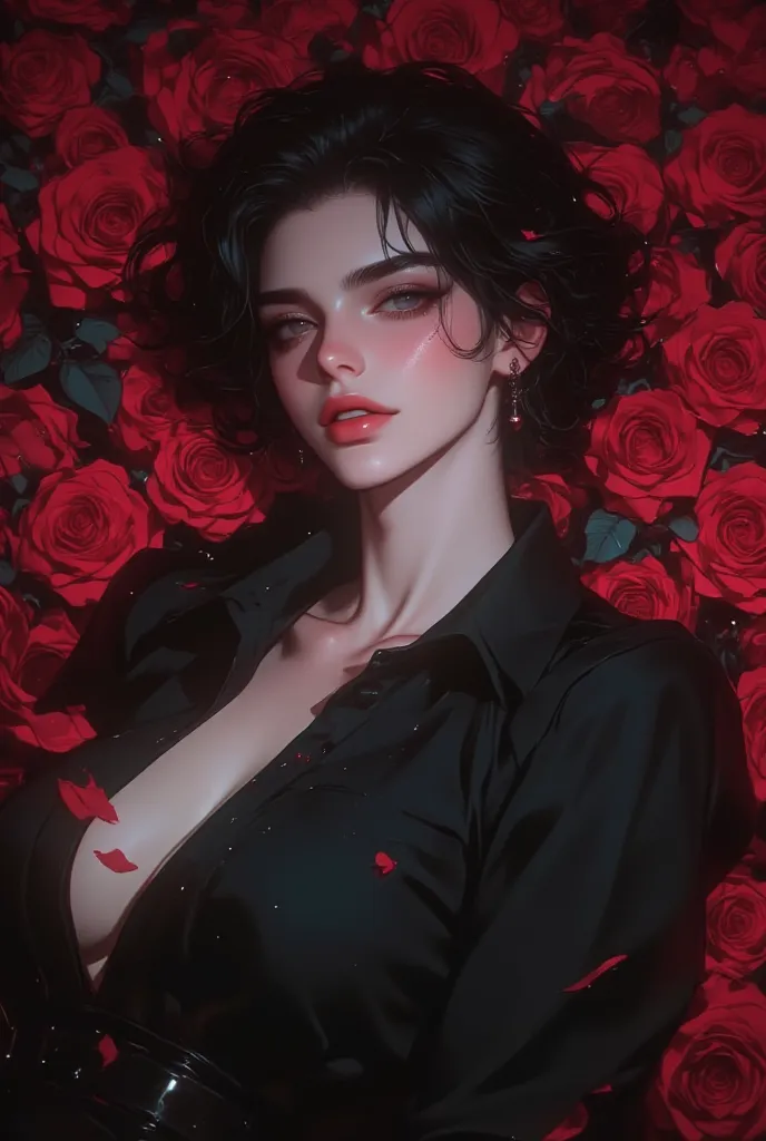 thirty year old woman with dark curly hair, red eyes, full lips, soft smile, black dress, toned body, covered and decent dress, lying on roses, not sexualized, short fluffy hair, light makeup, smile. 