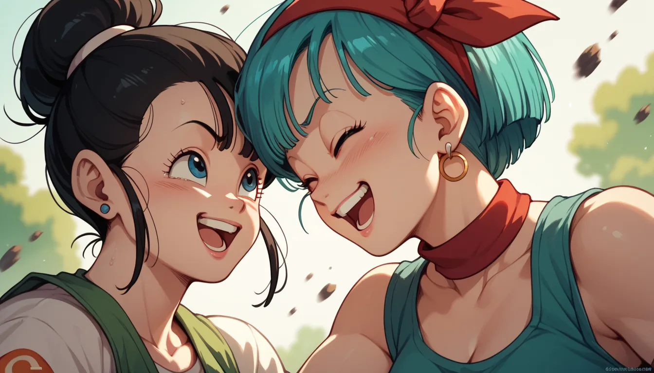 woman, hot, two women in the picture, on the right is Bulma, and on the left is Chichi Dragon Ball, they are looking at each other, they are laughing and screaming