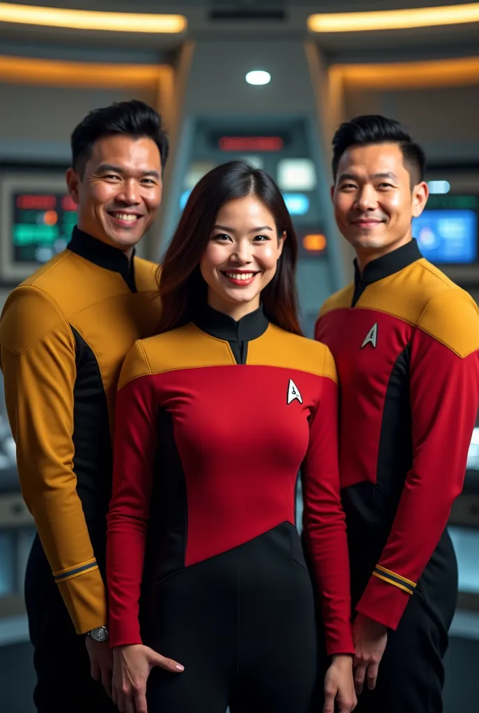 three people of the crew of the starship enterprise, star trek, one woman two men smiling