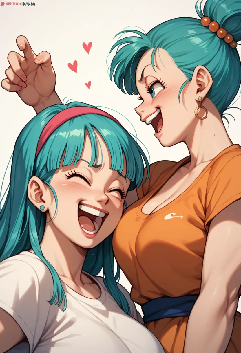 milf, woman, hot, two women in the picture, on the right is bulma, and on the left is chichi dragon ball, they are looking at each other, they are laughing and screaming