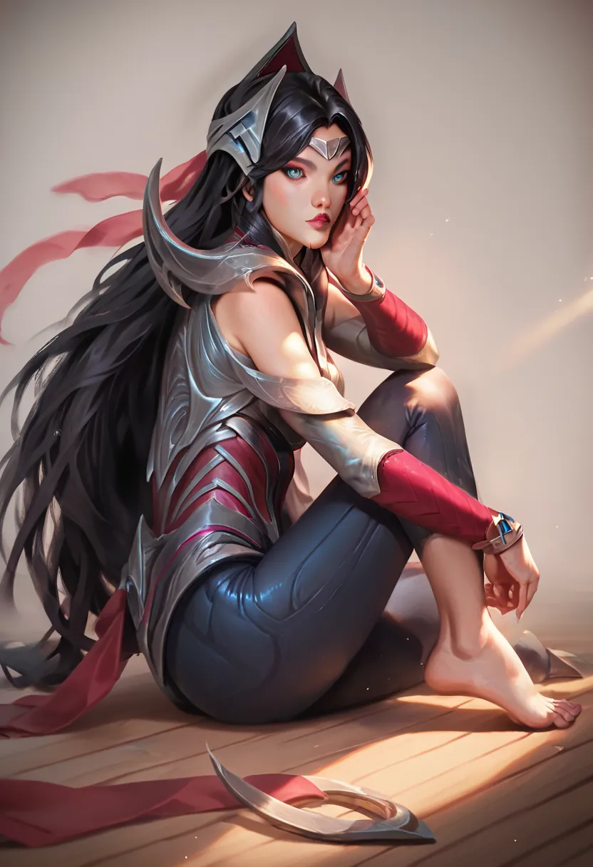 Irelia (league of legends),  young girl, long black hair, blue eyes, fair skin, sitting on the floor, white background, wearing white casual wear, barefoot, Realistic lighting, real shadows, reflexes. polished wood floor