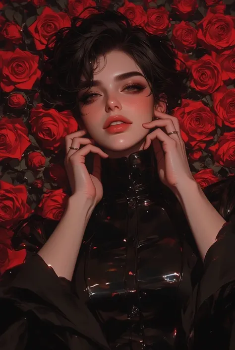 thirty year old woman with dark curly hair, red eyes, full lips, soft smile, black dress, toned body, covered and decent dress, lying on roses, not sexualized, short fluffy hair, smile. 