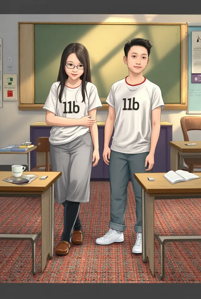 Me and my friend with a white t shirt with 11B writing on it in a classroom 