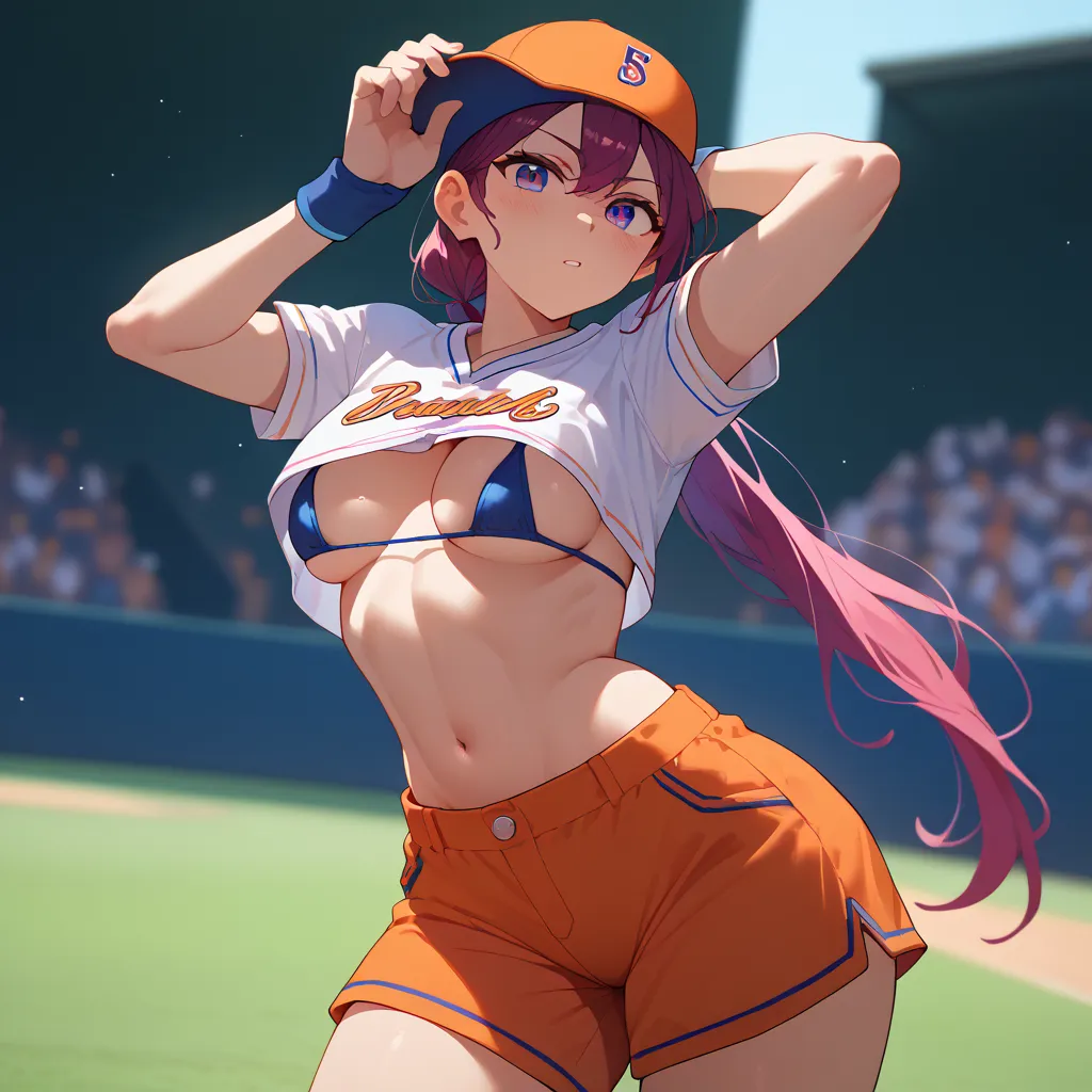 Girl with big boobs in a micro bra,  as a baseball player, lowered shorts
