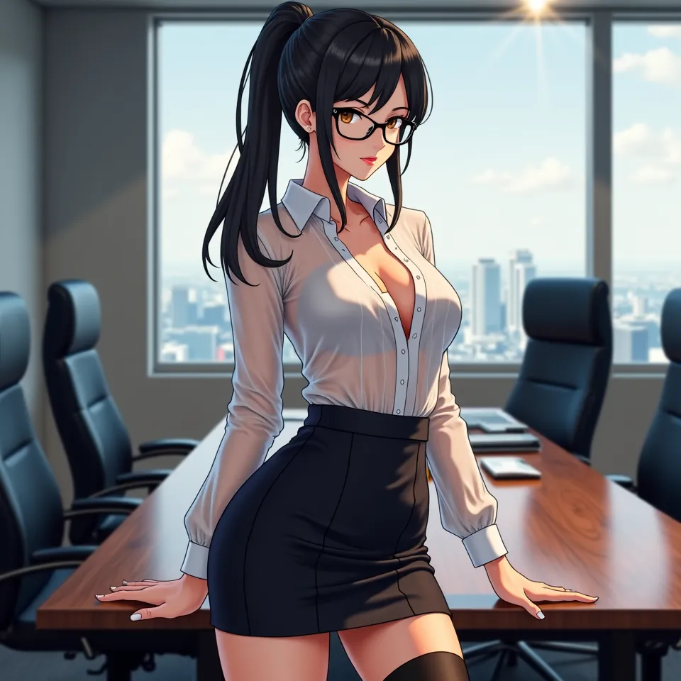 Very sexy anime secretary. black hair tied in a ponytail.black glasses.black stockings . White transparent blouse .black mini skirt.full length.