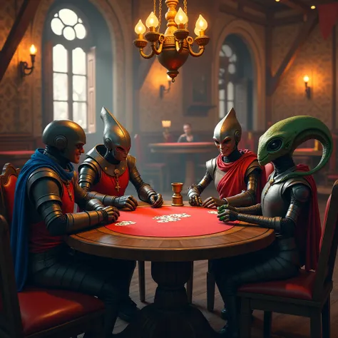 "inside a medieval inn, in the central focus is one table where a troubadour, a humanoid robot, knight and an alien are sitting, playing poker. around them, room is filled with humans, robots and aliens are having fun. Cheerful, hyperrealistic hyperdetaile...