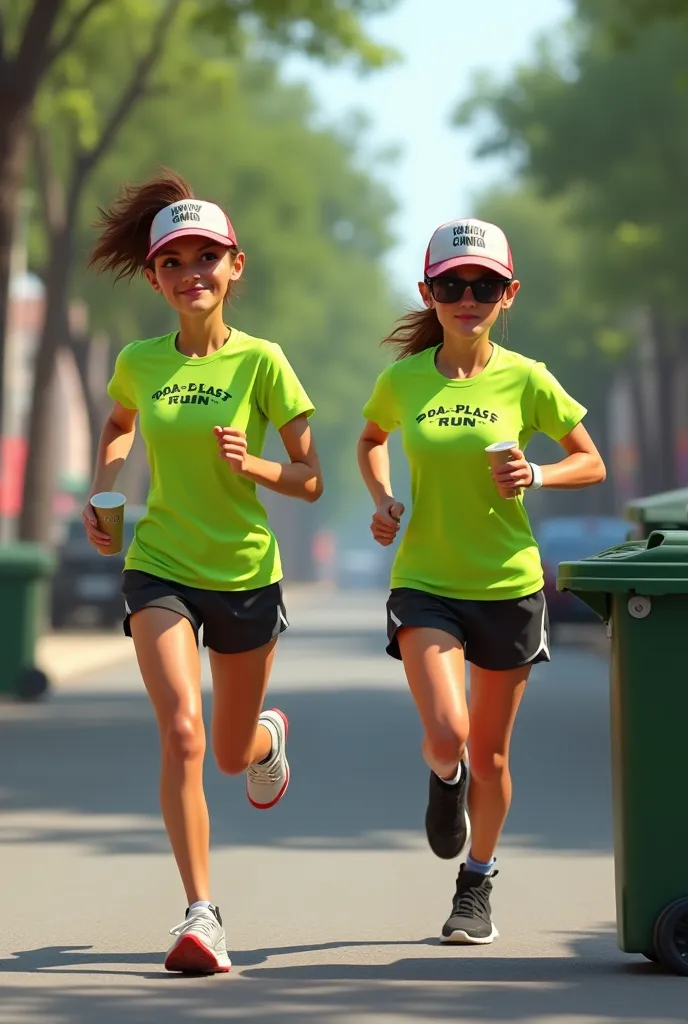 (((PIXAR STYLE))). Street running clothes. Full-length shot of two women, one of them in mid-stride, actively running, the other woman is putting a plastic cup in the trash can. They are wearing a fluorescent green sports t-shirt with "POA PLAST RUN" writt...