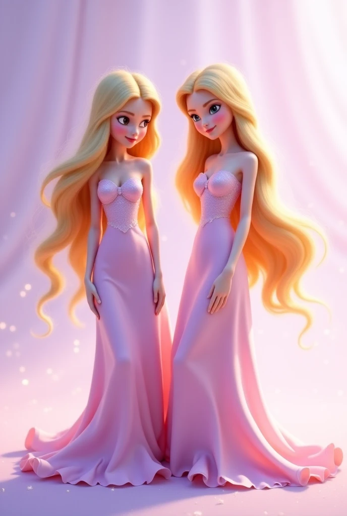 Disney Pixar, Two beautiful blonde twin women sitting , smooth lilac background . 