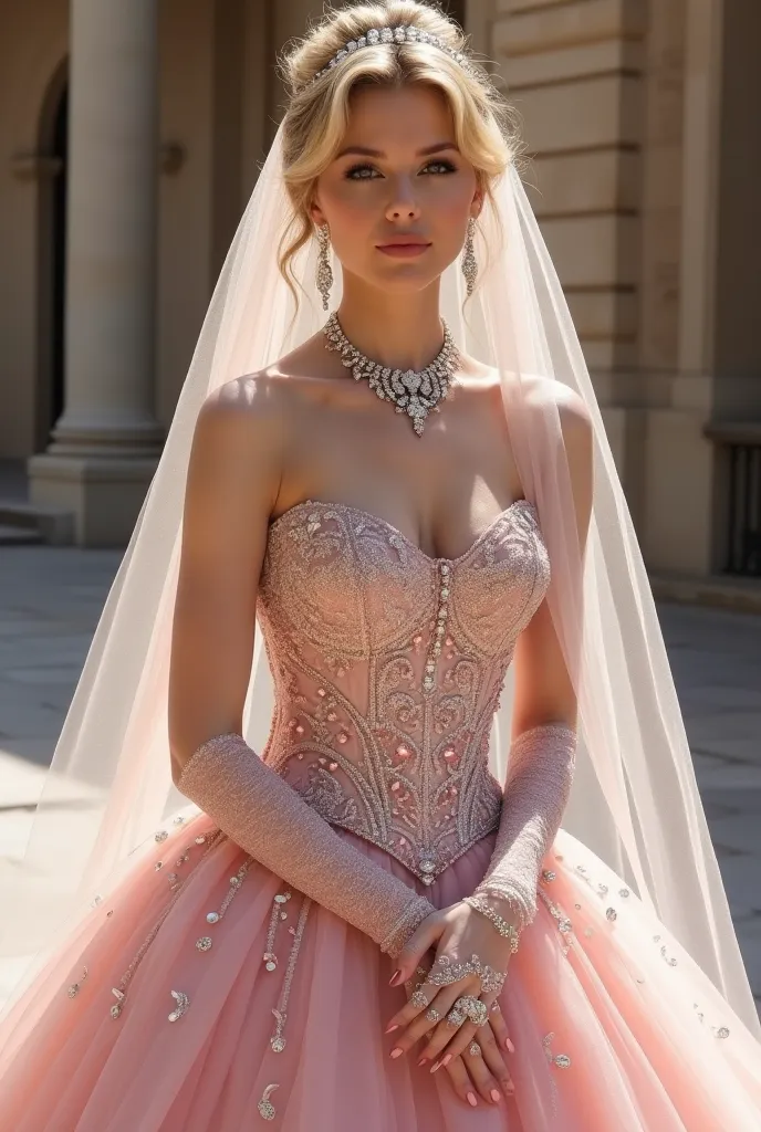 My dress is a sparkling champagne pink model without straps with glorious diamonds on the corset and a huge tulle and lace skirt that has nothing to envy to a Disney princess dress. Mine is more glamorous, with pink jewels carefully sewn into the fabric wi...