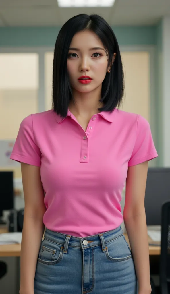 a beautiful woman, standing in office, full body view,  front facing, use a pink casual shirt, big boobs, red lips,  Annoyed face 