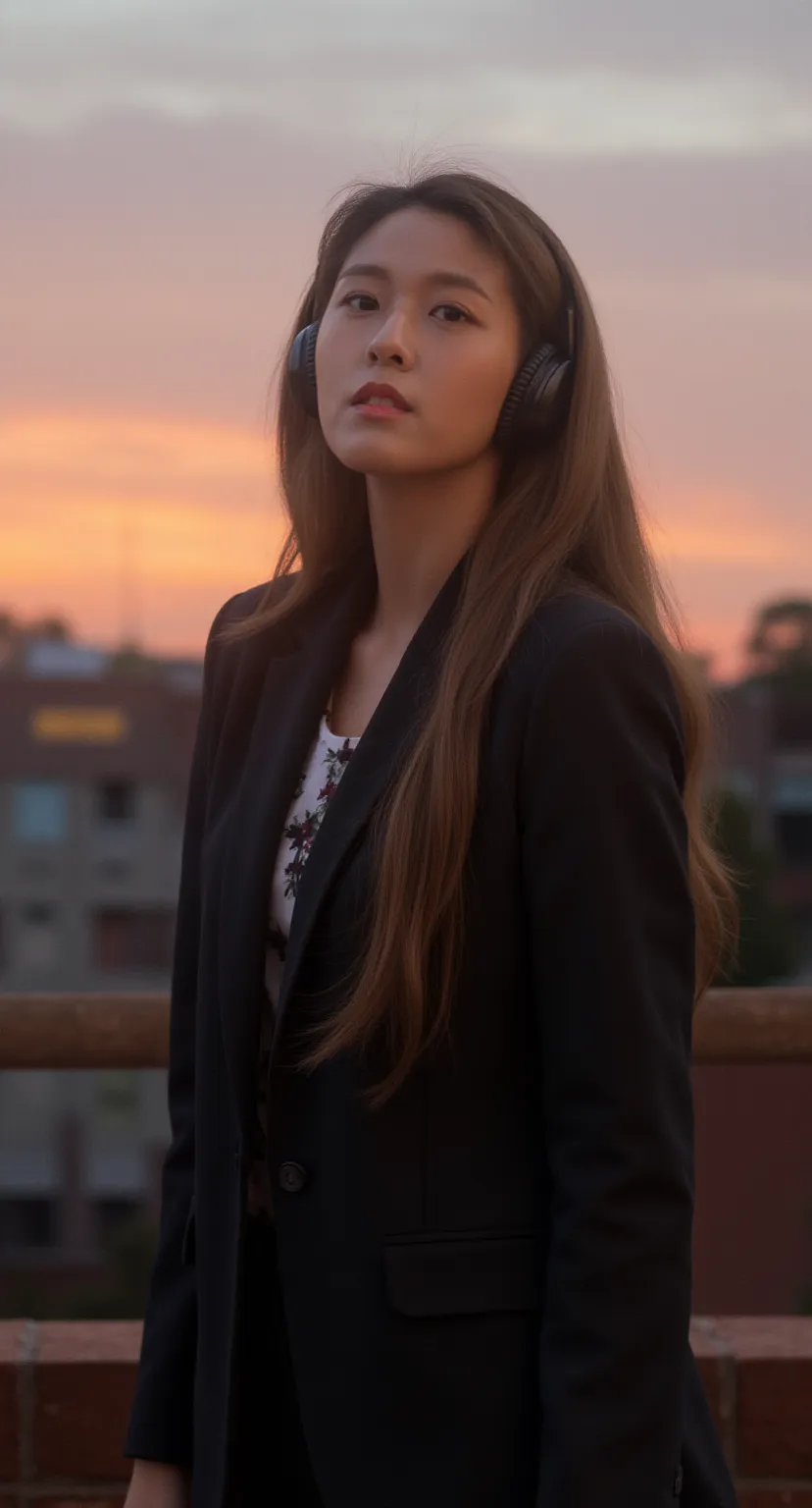 Alone,  long hair,  1 girl,  high image quality , masterpiece,  Human Anatomically Accurate,  best quality,  Ultra High Precision,  textured skin ,   8k octane, woman、 short、  college student  、155cm, ((( high school uniform blazer with headphones))), (((T...