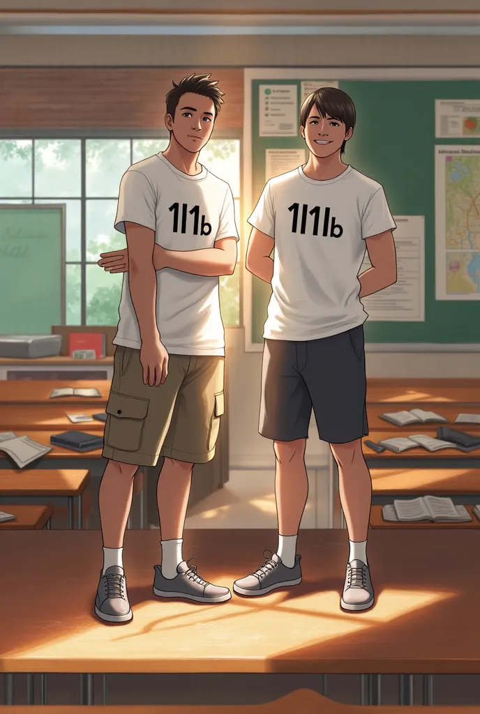 Me and my friend with a white t shirt with 11B writing on it in a classroom 