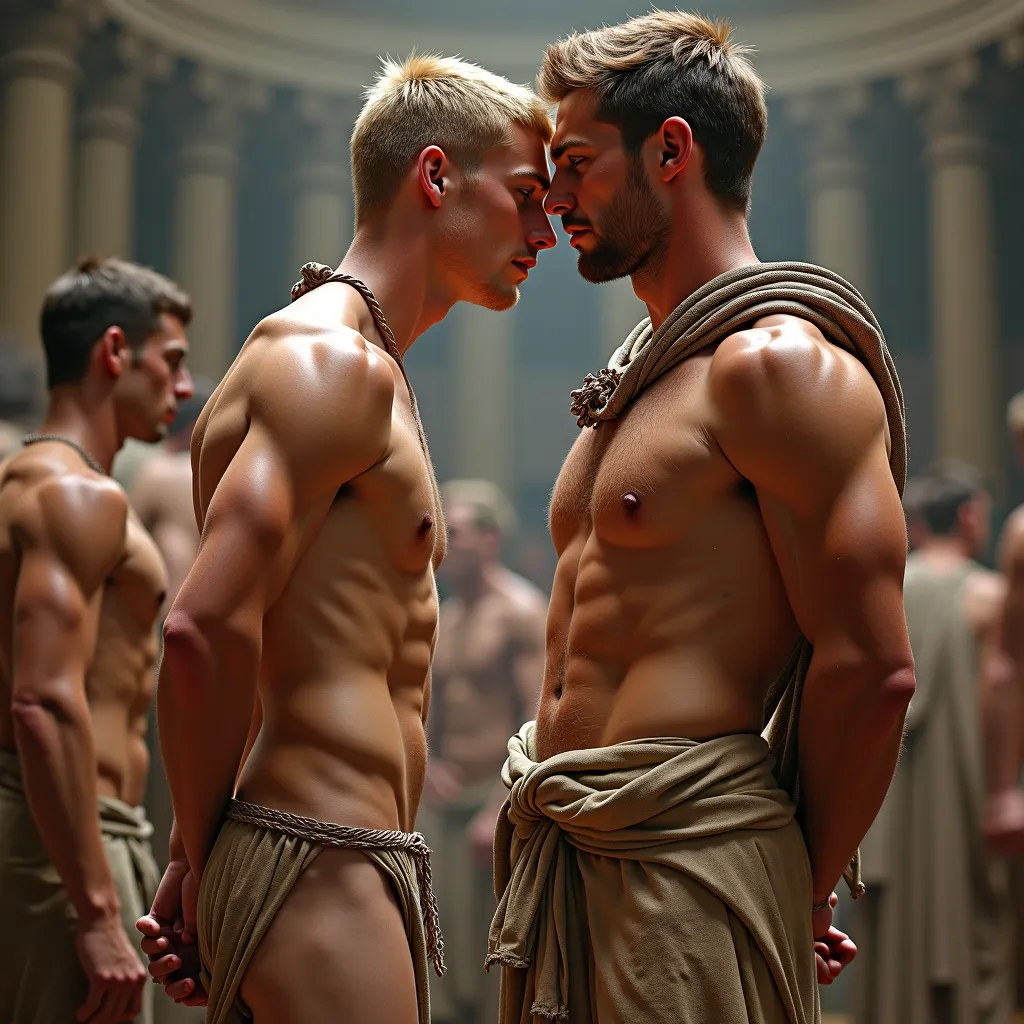 18-year old male blond germanic delicatus, slave market, smooth athletic body, tiny loincloth, defined abs and pecs, veiny arms, arms behind back, slavecollar, desperate, disgusted, sweating; touched by muscular 23-year-old wealthy man in toga, 