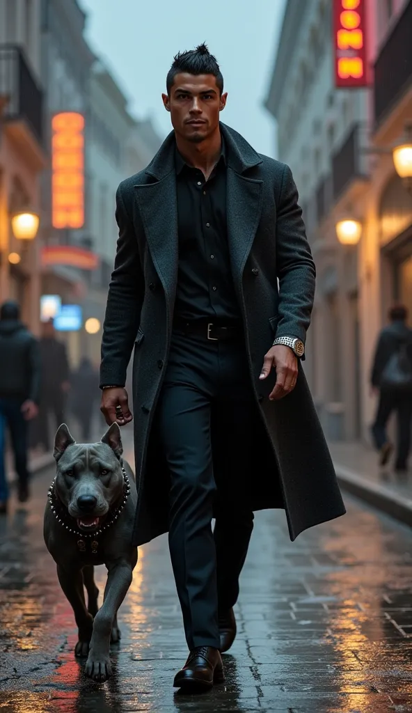 Player Description:
Cristiano Ronaldo wears a tailored charcoal-gray trench coat over a black silk shirt, paired with polished leather shoes. His expression is ice-cold and penetrating, a diamond-studded watch glinting on his wrist. He walks with deliberat...